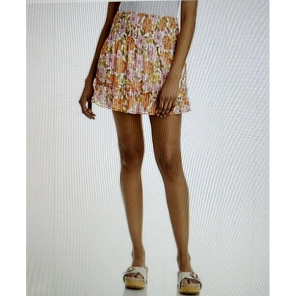 Aqua Pink Multi-Floral Print Smocked Crinkle Chiffon Mini Skirt Size S - Picture 1 of 5